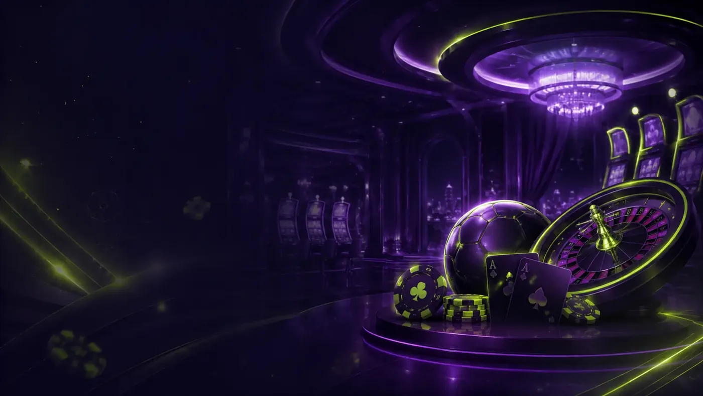 A luxurious purple casino interior with a soccer ball, a roulette wheel, playing cards and green poker chips on a podium, with slot machines and a chandelier in the background
